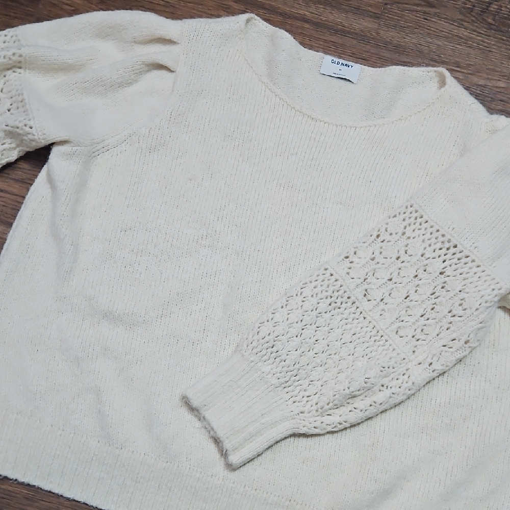 Old Navy Ivory Scoopneck Sweater with Lace-Style Puff Sleeves, Size 3X